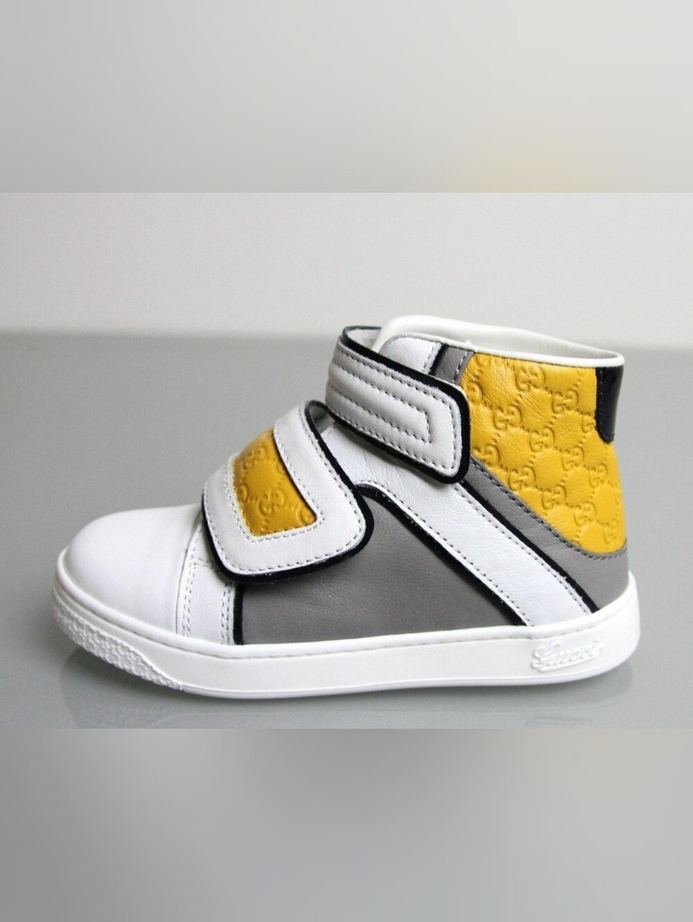 Gucci Kids White Leather Coda Pop High-top Sneaker w/Yellow Trim